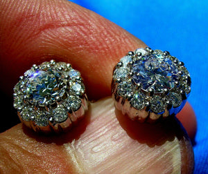 3 carat Earth mined European Diamond Earrings Antique Design Studs 14k White Gold