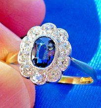 Load image into Gallery viewer, Natural Sapphire Diamond Deco Engagement Ring Antique Vintage European cut Solitaire setting