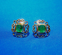 Load image into Gallery viewer, 1 carat Earth mined Emerald Deco Earrings Unique Vintage Design Ear Studs 14k Gold