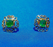 Load image into Gallery viewer, 1 carat Earth mined Emerald Deco Earrings Unique Vintage Design Ear Studs 14k Gold