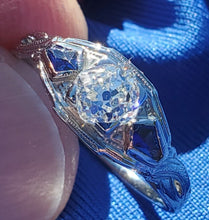 Load image into Gallery viewer, Earth mined Cushion cut Diamond and Sapphire Engagement Ring Antique 18k White Gold Solitare