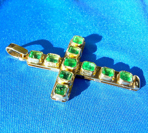 Earth Mined EMERALD Deco Cross Pendant Elegant Design Charm Solid 14k Gold