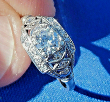 Load image into Gallery viewer, Earth mined 0.61 carat European Diamond Deco Engagement Ring Antique Geometric Design Platinum Solitaire size 5.5