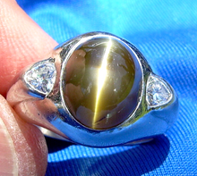 Load image into Gallery viewer, 12 CARAT Earth Mined Chrysoberyl Cats Eye Platinum Diamond Art Deco Ring