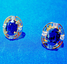 Load image into Gallery viewer, Earth mined Sapphire and Diamond Deco Design Earrings Button Studs 14k Gold

