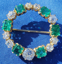 Load image into Gallery viewer, 10.2 carat Genuine Earth mined Cushion cut Diamond and Emerald Circle Deco Brooch Antique 18k Gold setting