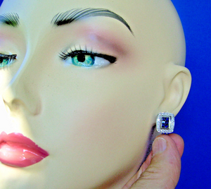 Earth Mined Diamond Sapphire Deco Earrings Vintage Style Geometric Stud 14k White Gold
