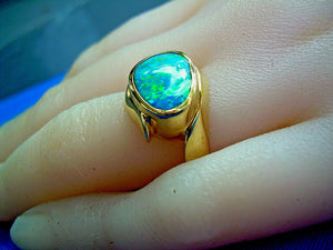 Genuine Black Opal Deco Ring Designer one of a kind 14k Gold Setting size 6.25