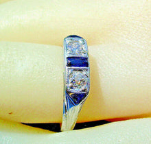 Load image into Gallery viewer, EARTH MINED Diamond Sapphire Deco Wedding Band Unique Antique 18k White Gold Belais Ring