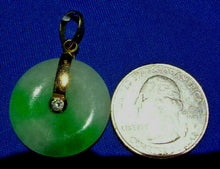 Load image into Gallery viewer, Exotic Genuine Jade and Diamond Vintage Deco Vivid Green and White Disc Pendant 18k Gold Charm