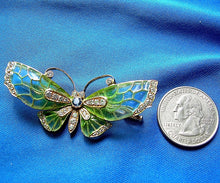 Load image into Gallery viewer, Earth mined Diamond Sapphire Deco Plique a Jour Enamel Brooch Filigree Nouveau Pin 18k Gold