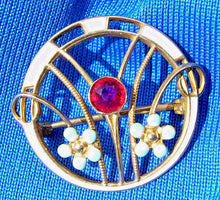 Load image into Gallery viewer, Elegant Vintage Ruby Brooch Solid 10k Gold Guiloche Enamel Deco Pin
