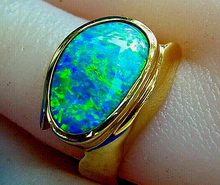 Load image into Gallery viewer, Genuine Black Opal Deco Ring Designer one of a kind 14k Gold Setting size 6.25