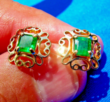 Load image into Gallery viewer, 1 carat Earth mined Emerald Deco Earrings Unique Vintage Design Ear Studs 14k Gold
