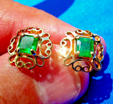 Load image into Gallery viewer, 1 carat Earth mined Emerald Deco Earrings Unique Vintage Design Ear Studs 14k Gold