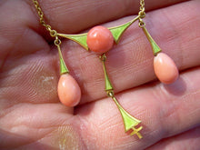 Load image into Gallery viewer, Art Deco Art Nouveau Coral Guilloche Enamel Necklace 14k Gold 18" inch Chain