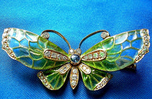 Load image into Gallery viewer, Earth mined Diamond Sapphire Deco Plique a Jour Enamel Brooch Filigree Nouveau Pin 18k Gold