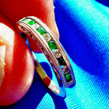 Load image into Gallery viewer, Diamond Emerald Art Deco Wedding Band 14K White Gold Filigree Design Anniversary Ring size 7