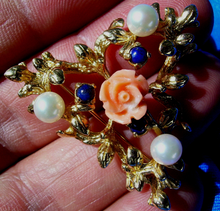 Load image into Gallery viewer, NATURAL Coral Pearls Lapis lazuli Brooch Floral Design Deco Solid 14k Gold