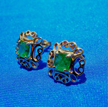 Load image into Gallery viewer, 1 carat Earth mined Emerald Deco Earrings Unique Vintage Design Ear Studs 14k Gold