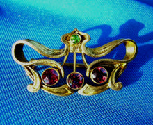 Load image into Gallery viewer, Art Deco Red Spinel Demantoid Garnet Nouveau Brooch 14k Gold Antique Pin