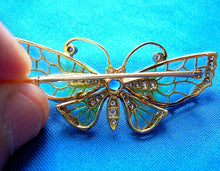 Load image into Gallery viewer, Earth mined Diamond Sapphire Deco Plique a Jour Enamel Brooch Filigree Nouveau Pin 18k Gold