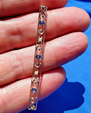 Load image into Gallery viewer, Earth mined Sapphire and Pearl Deco Brooch 14k gold Antique Geometric Design Bar Pin