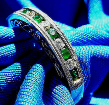 Load image into Gallery viewer, Diamond Emerald Art Deco Wedding Band 14K White Gold Filigree Design Anniversary Ring size 7