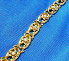 Load image into Gallery viewer, Antique Art Nouveau Gold and Pearl Bracelet Unique Deco Solid 14k 2 tone Links
