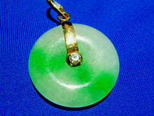 Load image into Gallery viewer, Exotic Genuine Jade and Diamond Vintage Deco Vivid Green and White Disc Pendant 18k Gold Charm