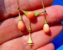 Load image into Gallery viewer, Art Deco Art Nouveau Coral Guilloche Enamel Necklace 14k Gold 18" inch Chain