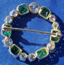 Load image into Gallery viewer, 10.2 carat Genuine Earth mined Cushion cut Diamond and Emerald Circle Deco Brooch Antique 18k Gold setting