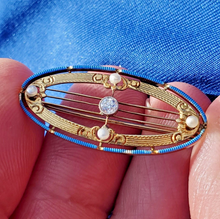Load image into Gallery viewer, Genuine Antique Earth Mined Diamond Deco Brooch Pearl Enamel Vintage Krementz Design 14K Gold Pin
