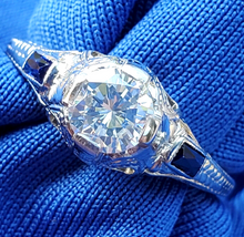 Load image into Gallery viewer, Earth mined Diamond Deco design Engagement Ring Vintage Sapphire Solitaire setting 14k White Gold