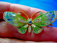 Load image into Gallery viewer, Earth mined Diamond Sapphire Deco Plique a Jour Enamel Brooch Filigree Nouveau Pin 18k Gold