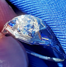 Load image into Gallery viewer, Earth mined Cushion cut Diamond and Sapphire Engagement Ring Antique 18k White Gold Solitare