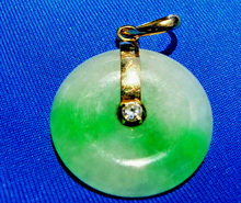 Load image into Gallery viewer, Exotic Genuine Jade and Diamond Vintage Deco Vivid Green and White Disc Pendant 18k Gold Charm