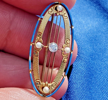 Load image into Gallery viewer, Genuine Antique Earth Mined Diamond Deco Brooch Pearl Enamel Vintage Krementz Design 14K Gold Pin