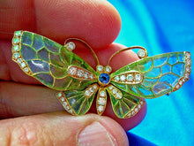 Load image into Gallery viewer, Earth mined Diamond Sapphire Deco Plique a Jour Enamel Brooch Filigree Nouveau Pin 18k Gold