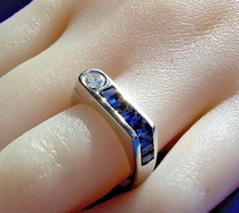 Load image into Gallery viewer, Earth mined Diamond Sapphire Deco Style Engagement Ring Wedding Band 14k White Gold