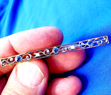Load image into Gallery viewer, Earth mined Sapphire and Pearl Deco Brooch 14k gold Antique Geometric Design Bar Pin