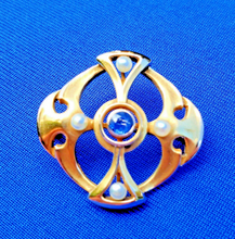Load image into Gallery viewer, Art Deco Sapphire and pearl Brooch 14k Gold Unique Vintage Design Geometric Pin