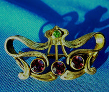 Load image into Gallery viewer, Art Deco Red Spinel Demantoid Garnet Nouveau Brooch 14k Gold Antique Pin