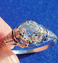 Load image into Gallery viewer, 1.41 Carat Earth mined Diamond Sapphire Antique Engagement Ring European Art Deco Platinum Solitaire