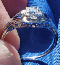 Load image into Gallery viewer, Earth mined Cushion cut Diamond and Sapphire Engagement Ring Antique 18k White Gold Solitare