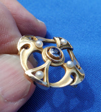 Load image into Gallery viewer, Art Deco Sapphire and pearl Brooch 14k Gold Unique Vintage Design Geometric Pin