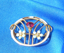 Load image into Gallery viewer, Elegant Vintage Ruby Brooch Solid 10k Gold Guiloche Enamel Deco Pin