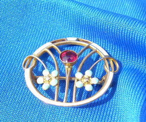 Elegant Vintage Ruby Brooch Solid 10k Gold Guiloche Enamel Deco Pin