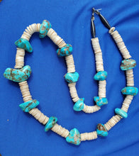 Load image into Gallery viewer, STUNNING VINTAGE SANTO DOMINGO TURQUOISE WHITE SHELL STERLING SILVER NECKLACE 28 inch