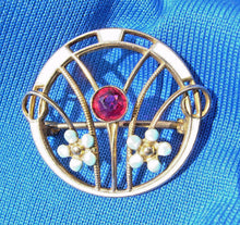 Load image into Gallery viewer, Elegant Vintage Ruby Brooch Solid 10k Gold Guiloche Enamel Deco Pin